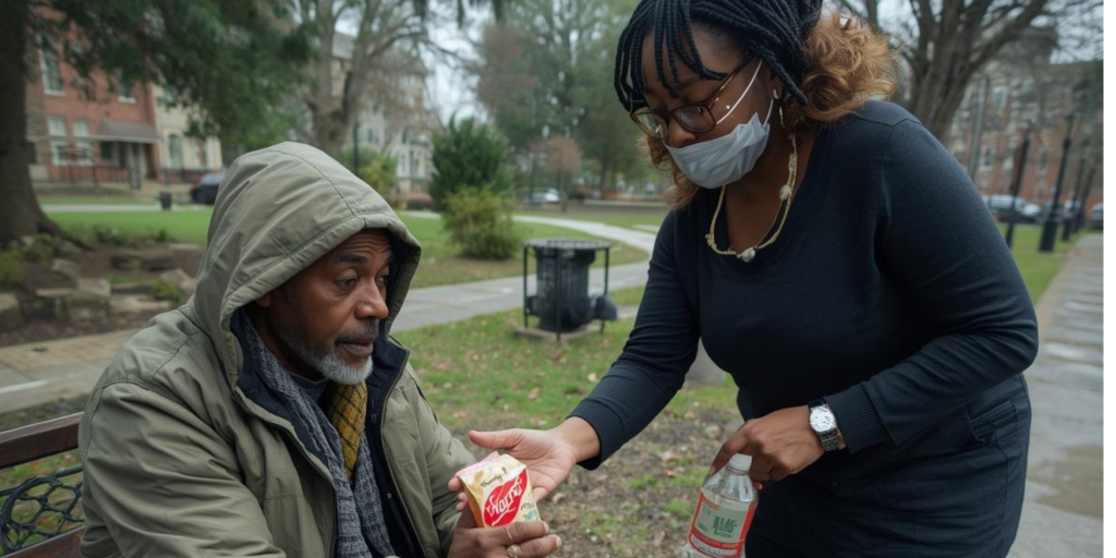 Woman over 50 assisting homeless man